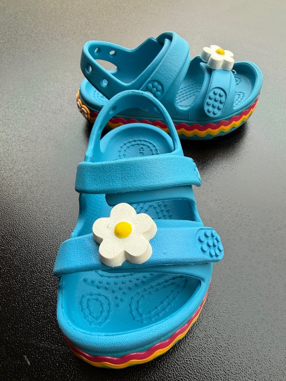CROCS Kids Teal Flower Strap Sandals with Rainbow Sole